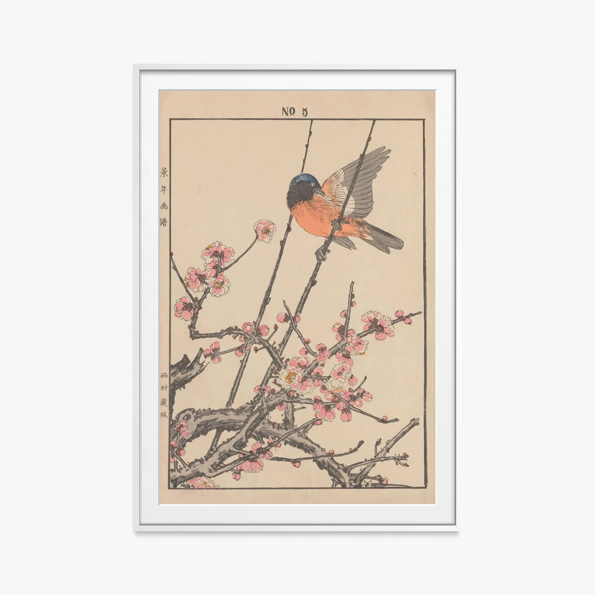 Album di Fiori e Uccelli di Keinen, Tav. 47 - Imao Keinen, opera di Imao Keinen (Ukiyo-e), stampa con passepartout e cornice bianca, 80x115cm
