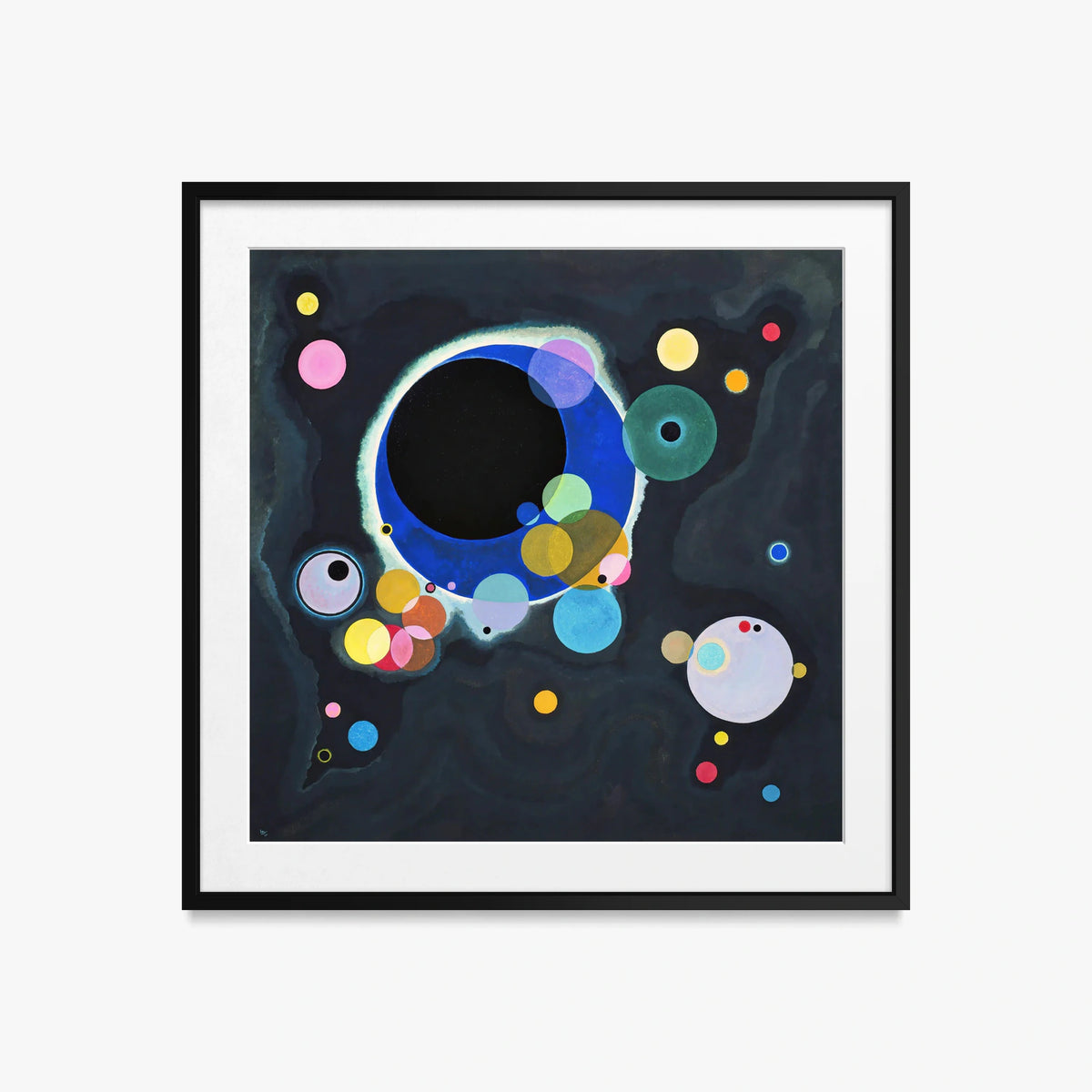 Alcuni Cerchi - Wassily Kandinsky, opera di Wassily Kandinsky (Astrattismo), stampa con passepartout e cornice nera, 50x50cm