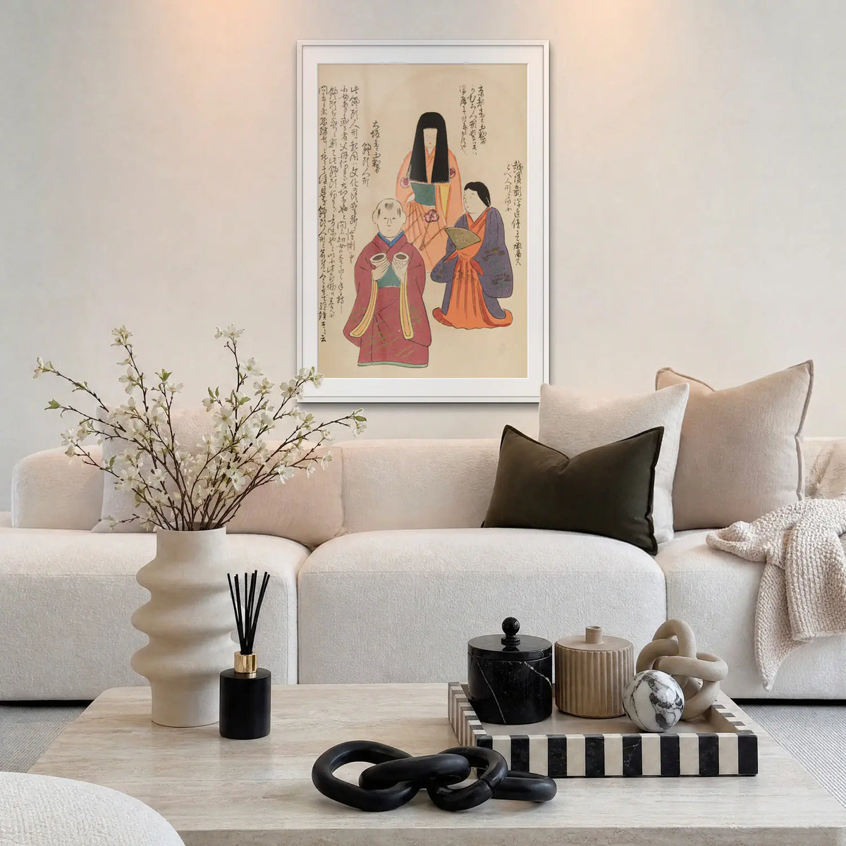 Amici d'Infanzia, Tav. 85 - Shimizu Seifū, opera di Shimizu Seifū: stampa con passepartout e cornice bianca 80x115cm appesa in soggiorno sopra il divano