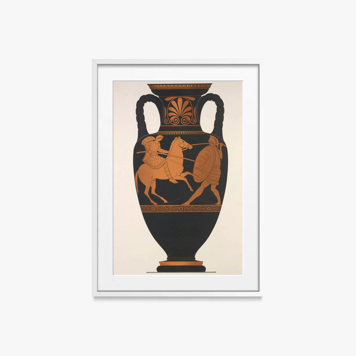 Anfora Attica, Greco e Amazzone in Combattimento - Anonimo, opera di Anonimo (Arte Greca Antica (ceramica attica)), stampa con passepartout e cornice bianca, 50x70cm