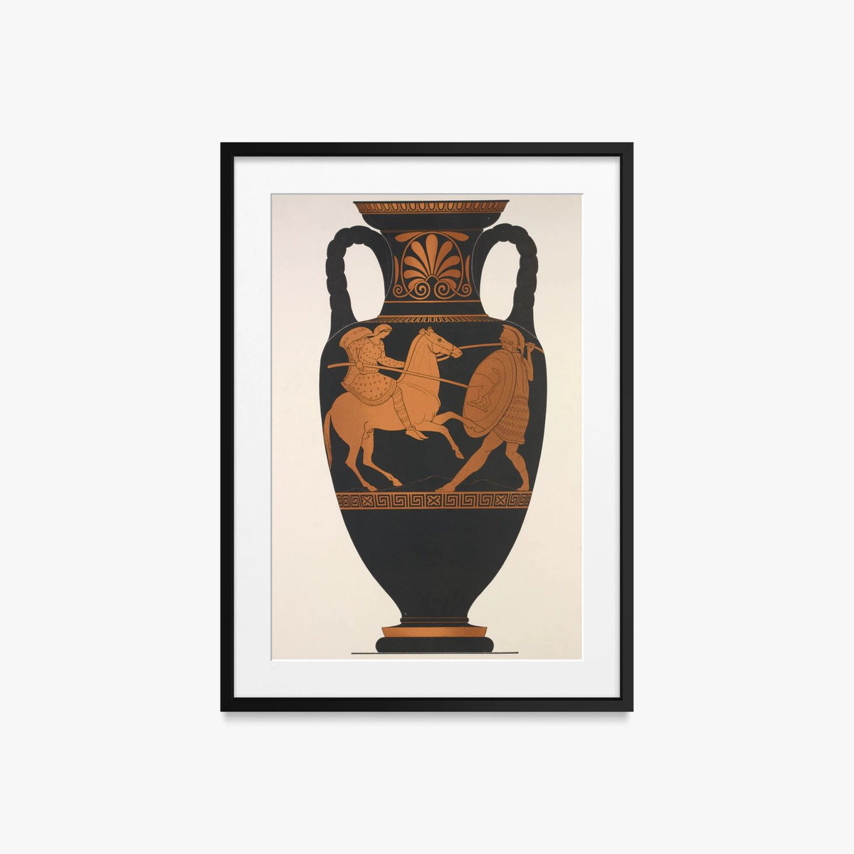 Anfora Attica, Greco e Amazzone in Combattimento - Anonimo, opera di Anonimo (Arte Greca Antica (ceramica attica)), stampa con passepartout e cornice nera, 50x70cm