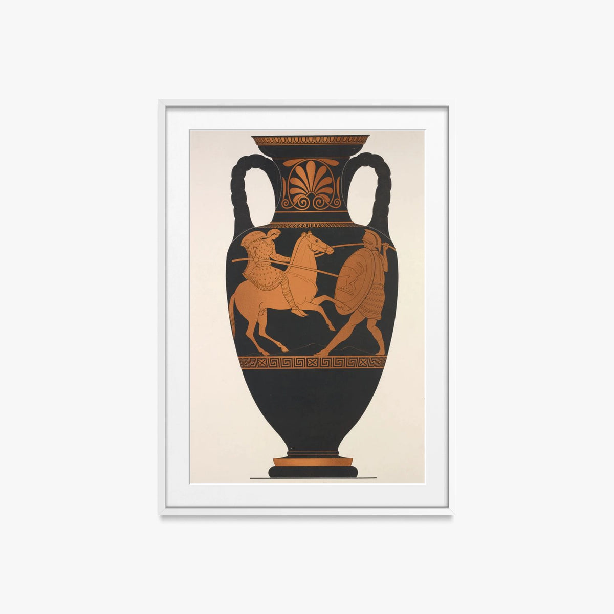 Anfora Attica, Greco e Amazzone in Combattimento - Anonimo, opera di Anonimo (Arte Greca Antica (ceramica attica)), stampa con passepartout e cornice bianca, 60x85cm