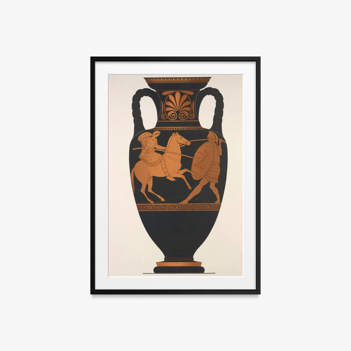 Anfora Attica, Greco e Amazzone in Combattimento - Anonimo, opera di Anonimo (Arte Greca Antica (ceramica attica)), stampa con passepartout e cornice nera, 60x85cm
