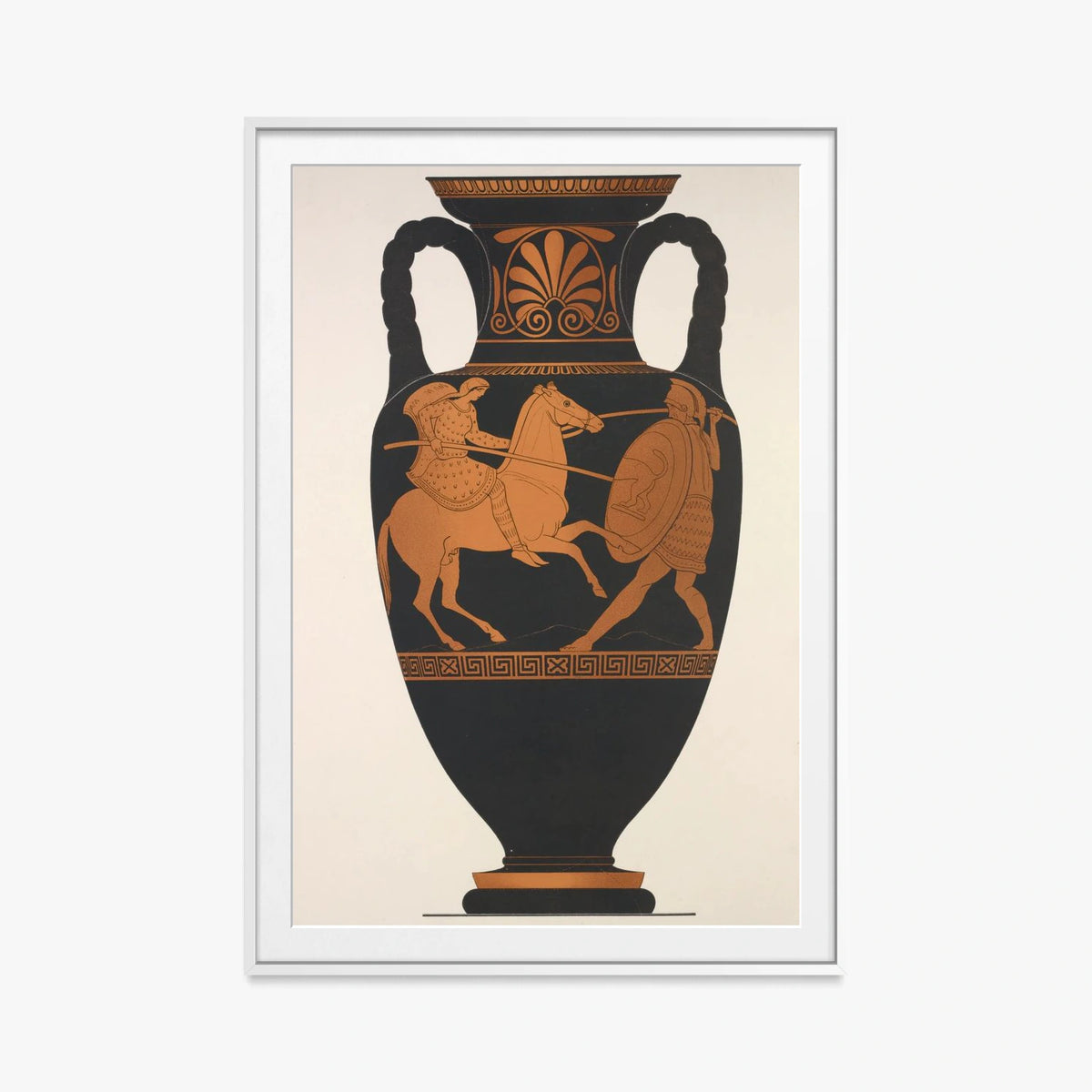 Anfora Attica, Greco e Amazzone in Combattimento - Anonimo, opera di Anonimo (Arte Greca Antica (ceramica attica)), stampa con passepartout e cornice bianca, 80x115cm