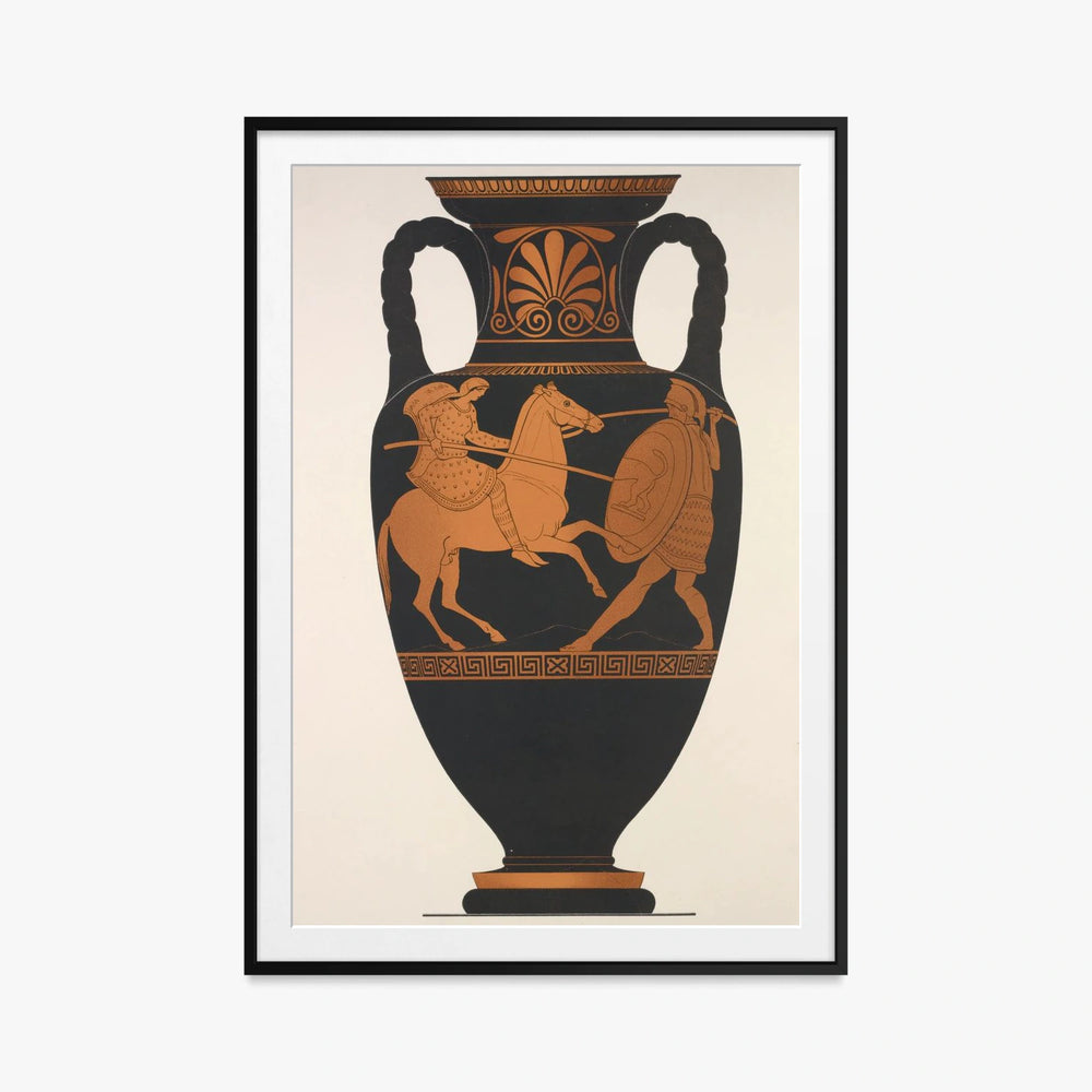Anfora Attica, Greco e Amazzone in Combattimento - Anonimo, opera di Anonimo (Arte Greca Antica (ceramica attica)), stampa con passepartout e cornice nera, 80x115cm