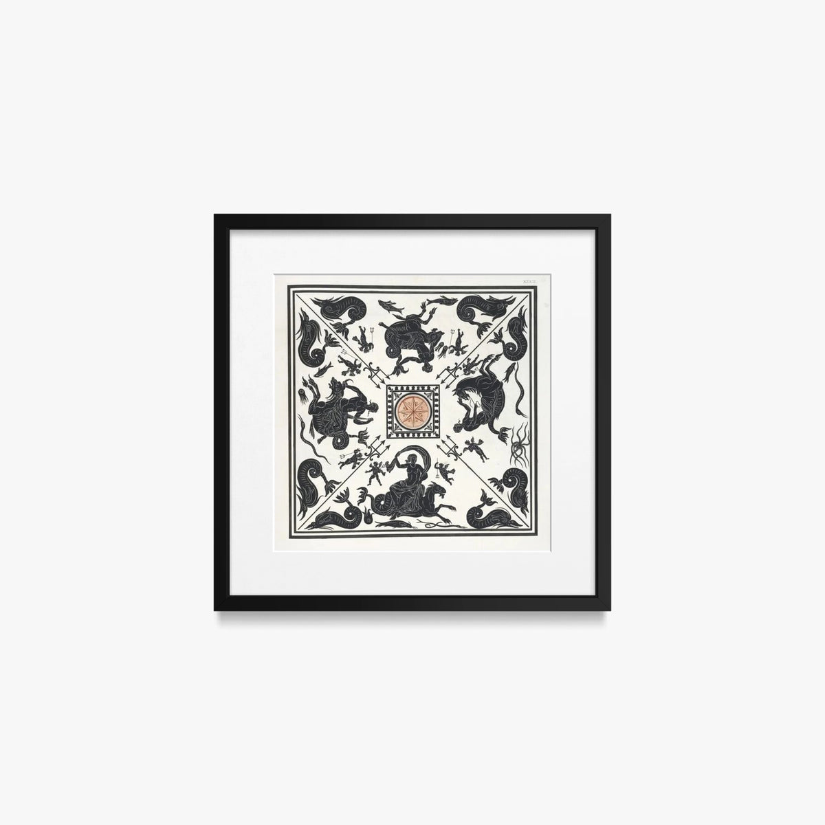 Antico Pavimento a Mosaico Bianco e Nero - Pierre Jean Mariette, opera di Pierre Jean Mariette (Art Nouveau), stampa con passepartout e cornice nera, 40x40cm