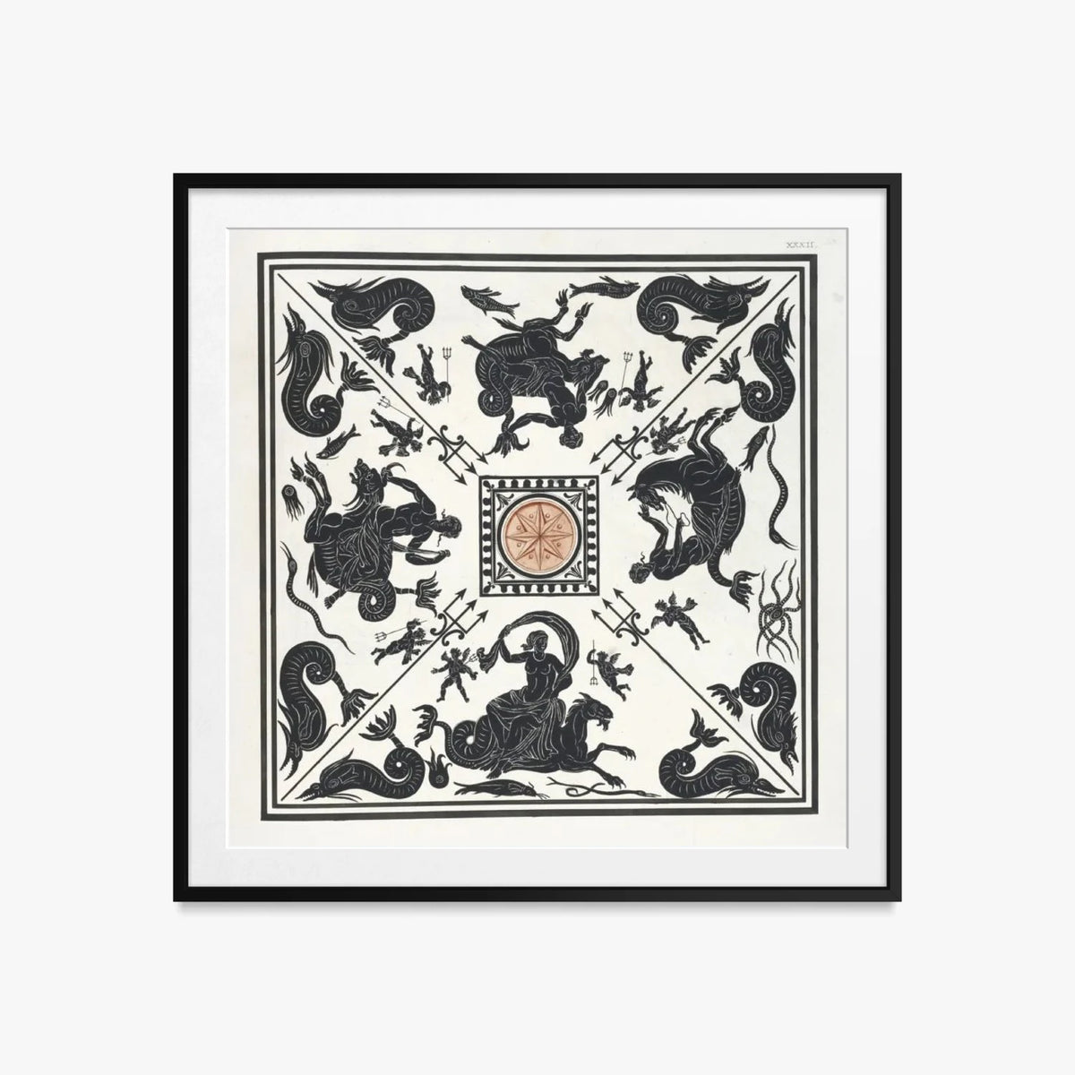 Antico Pavimento a Mosaico Bianco e Nero - Pierre Jean Mariette, opera di Pierre Jean Mariette (Art Nouveau), stampa con passepartout e cornice nera, 60x60cm