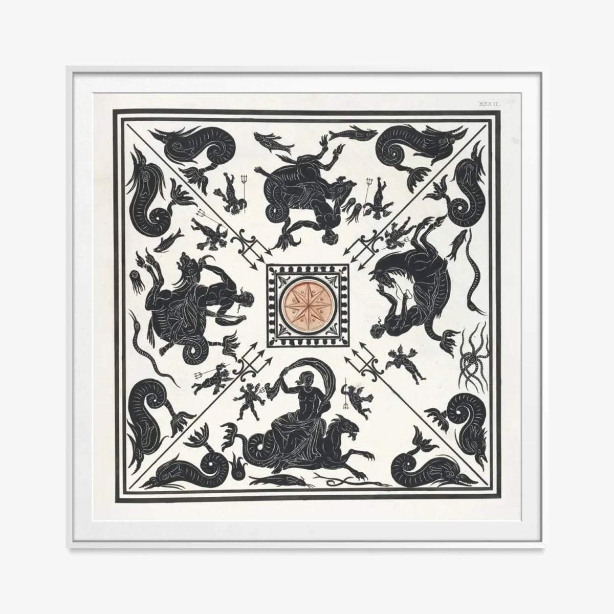 Antico Pavimento a Mosaico Bianco e Nero - Pierre Jean Mariette, opera di Pierre Jean Mariette (Art Nouveau), stampa con passepartout e cornice bianca, 80x80cm