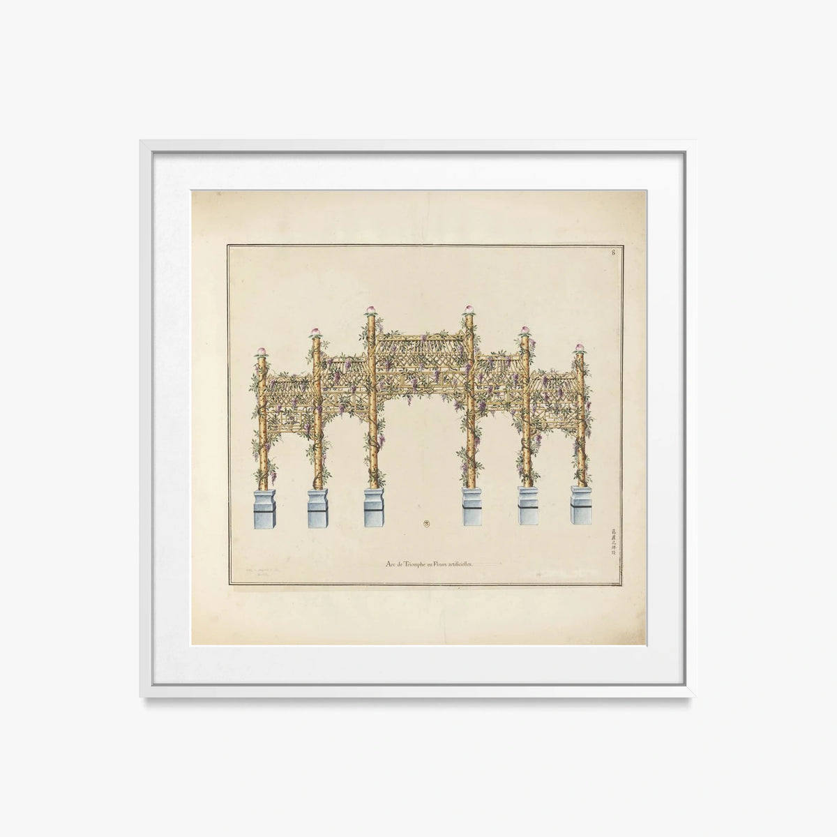 Arco di Trionfo in Fiori Artificiali - Arcs de Triomphe et Berceaux Chinois, opera di Arcs de Triomphe et Berceaux Chinois (Art Nouveau), stampa con passepartout e cornice bianca, 50x50cm