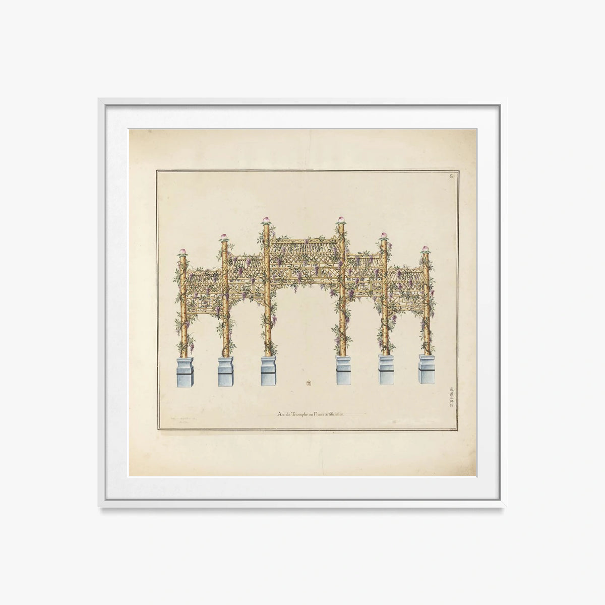 Arco di Trionfo in Fiori Artificiali - Arcs de Triomphe et Berceaux Chinois, opera di Arcs de Triomphe et Berceaux Chinois (Art Nouveau), stampa con passepartout e cornice bianca, 60x60cm