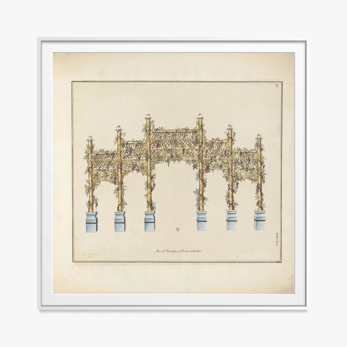 Arco di Trionfo in Fiori Artificiali - Arcs de Triomphe et Berceaux Chinois, opera di Arcs de Triomphe et Berceaux Chinois (Art Nouveau), stampa con passepartout e cornice bianca, 80x80cm
