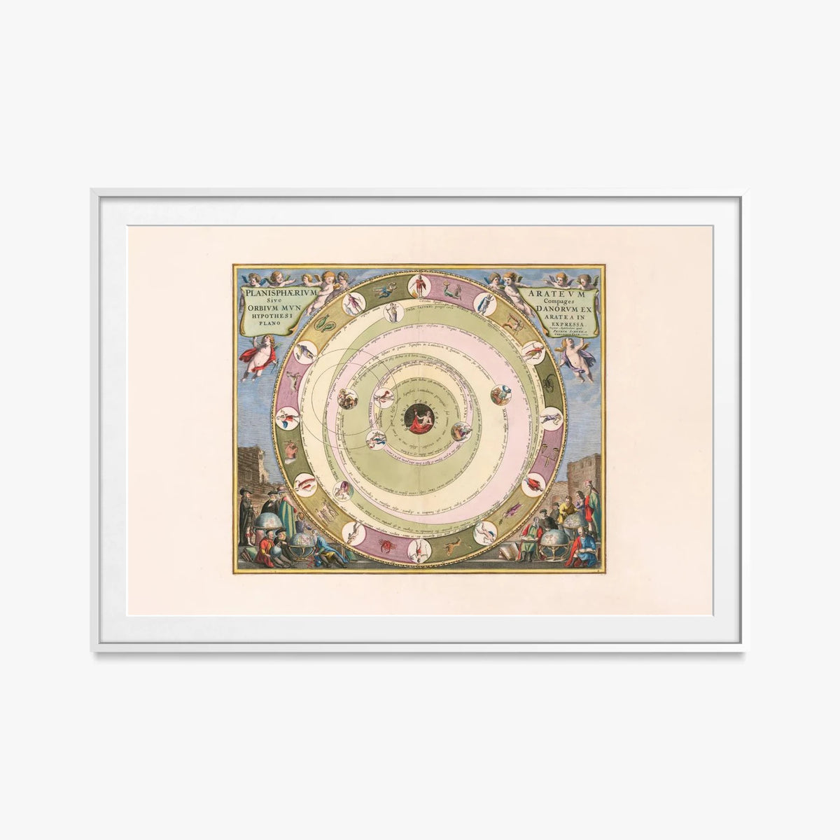Carta Celeste raffigurante il Modello dell'Universo dell'Astronomo Greco Arato - Andreas Cellarius, opera di Andreas Cellarius (Cartografia), stampa con passepartout e cornice bianca, 115x80cm