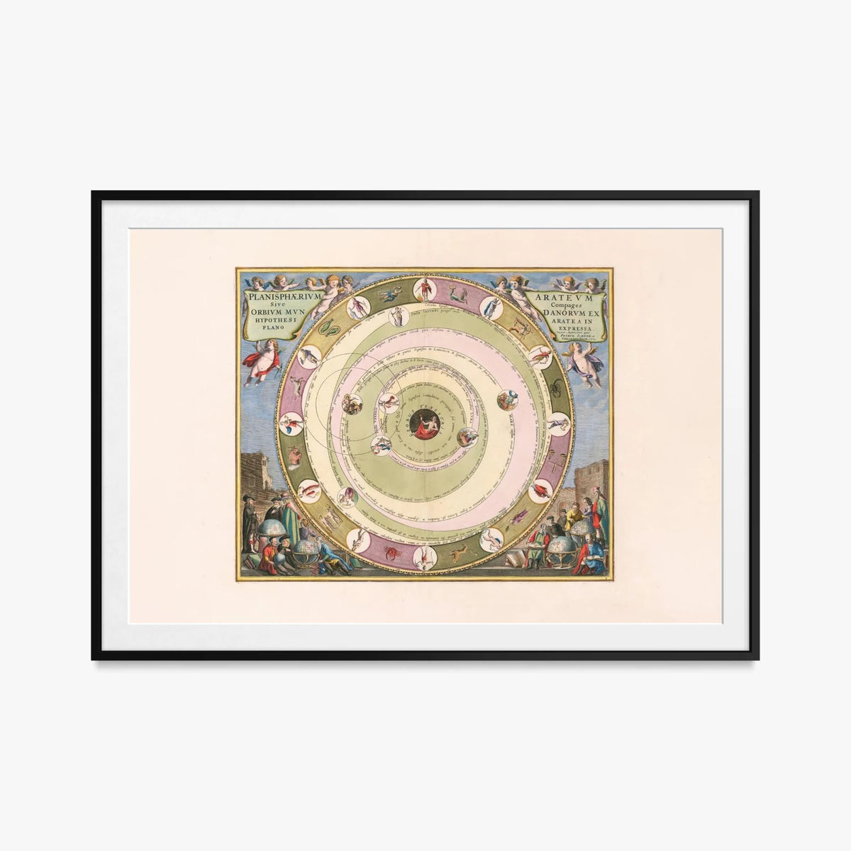 Carta Celeste raffigurante il Modello dell'Universo dell'Astronomo Greco Arato - Andreas Cellarius, opera di Andreas Cellarius (Cartografia), stampa con passepartout e cornice nera, 115x80cm