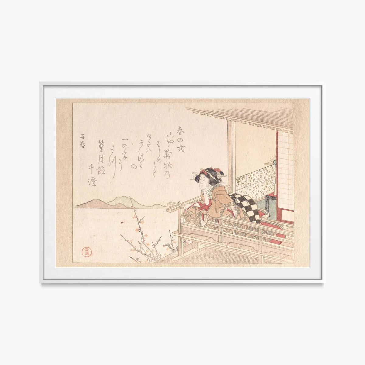 Cortigiana alla Ringhiera di una Veranda - Kubo Shunman, opera di Kubo Shunman (Ukiyo-e), stampa con passepartout e cornice bianca, 115x80cm