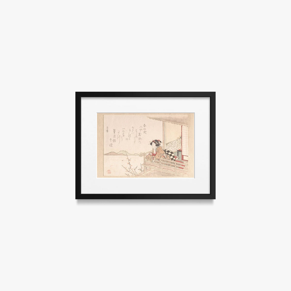 Cortigiana alla Ringhiera di una Veranda - Kubo Shunman, opera di Kubo Shunman (Ukiyo-e), stampa con passepartout e cornice nera, 40x30cm