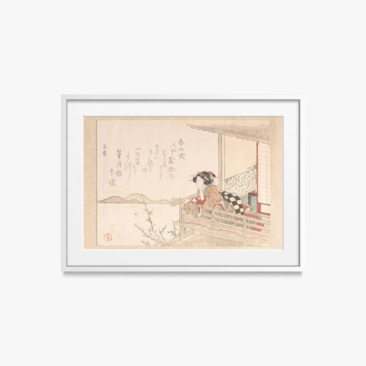 Cortigiana alla Ringhiera di una Veranda - Kubo Shunman, opera di Kubo Shunman (Ukiyo-e), stampa con passepartout e cornice bianca, 70x50cm