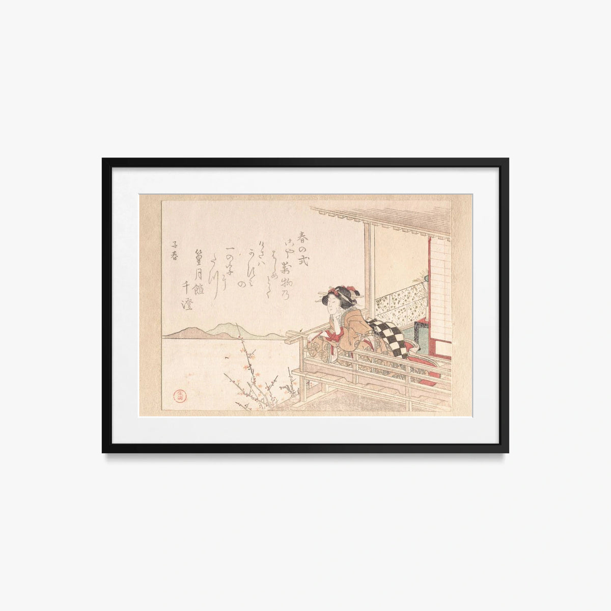 Cortigiana alla Ringhiera di una Veranda - Kubo Shunman, opera di Kubo Shunman (Ukiyo-e), stampa con passepartout e cornice nera, 70x50cm