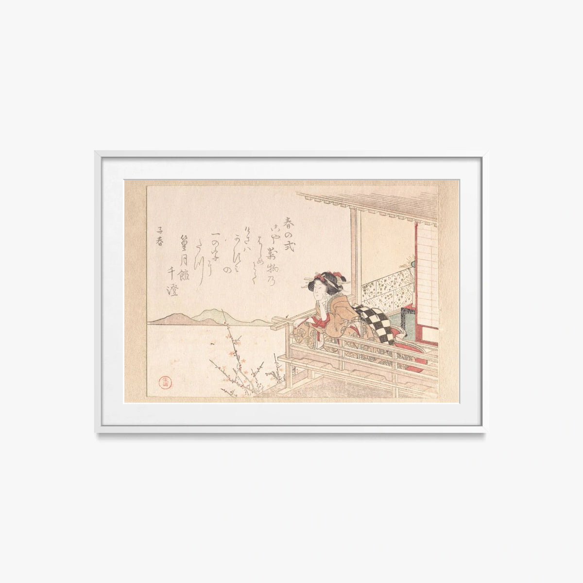 Cortigiana alla Ringhiera di una Veranda - Kubo Shunman, opera di Kubo Shunman (Ukiyo-e), stampa con passepartout e cornice bianca, 85x60cm