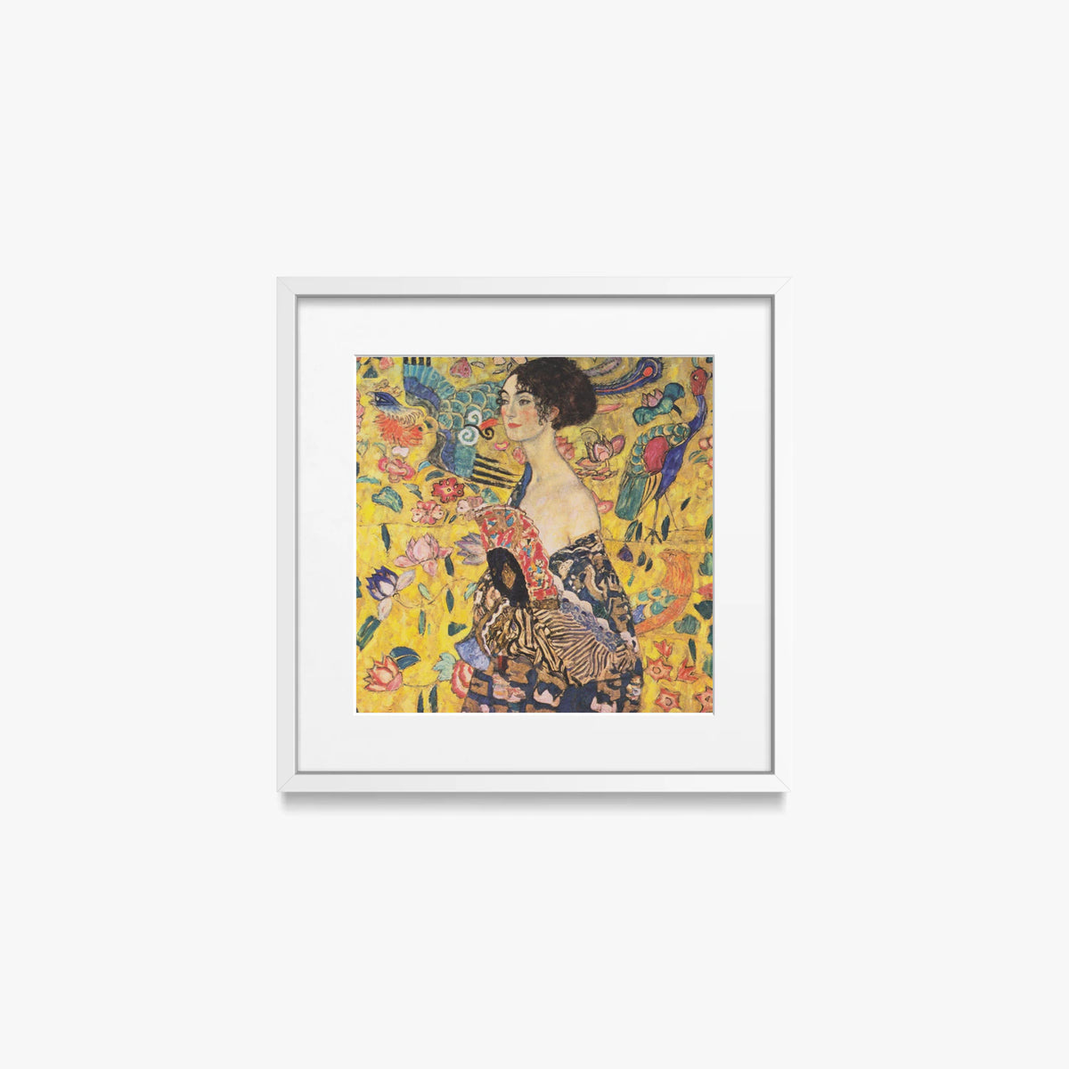Donna con Ventaglio - Gustav Klimt, opera di Gustav Klimt (Secessione Viennese), stampa con passepartout e cornice bianca, 40x40cm