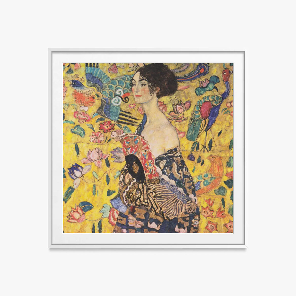 Donna con Ventaglio - Gustav Klimt, opera di Gustav Klimt (Secessione Viennese), stampa con passepartout e cornice bianca, 60x60cm
