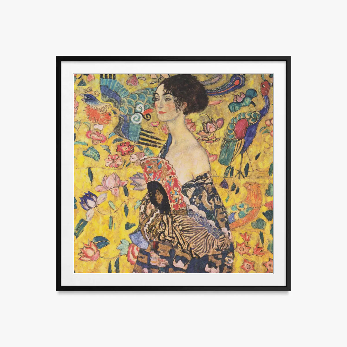 Donna con Ventaglio - Gustav Klimt, opera di Gustav Klimt (Secessione Viennese), stampa con passepartout e cornice nera, 60x60cm