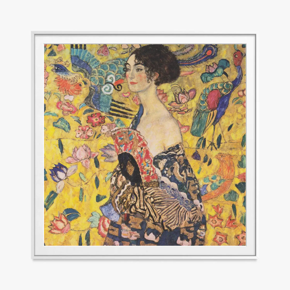 Donna con Ventaglio - Gustav Klimt, opera di Gustav Klimt (Secessione Viennese), stampa con passepartout e cornice bianca, 80x80cm