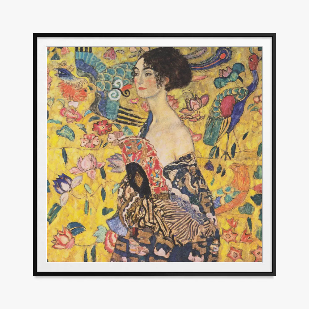 Donna con Ventaglio - Gustav Klimt, opera di Gustav Klimt (Secessione Viennese), stampa con passepartout e cornice nera, 80x80cm
