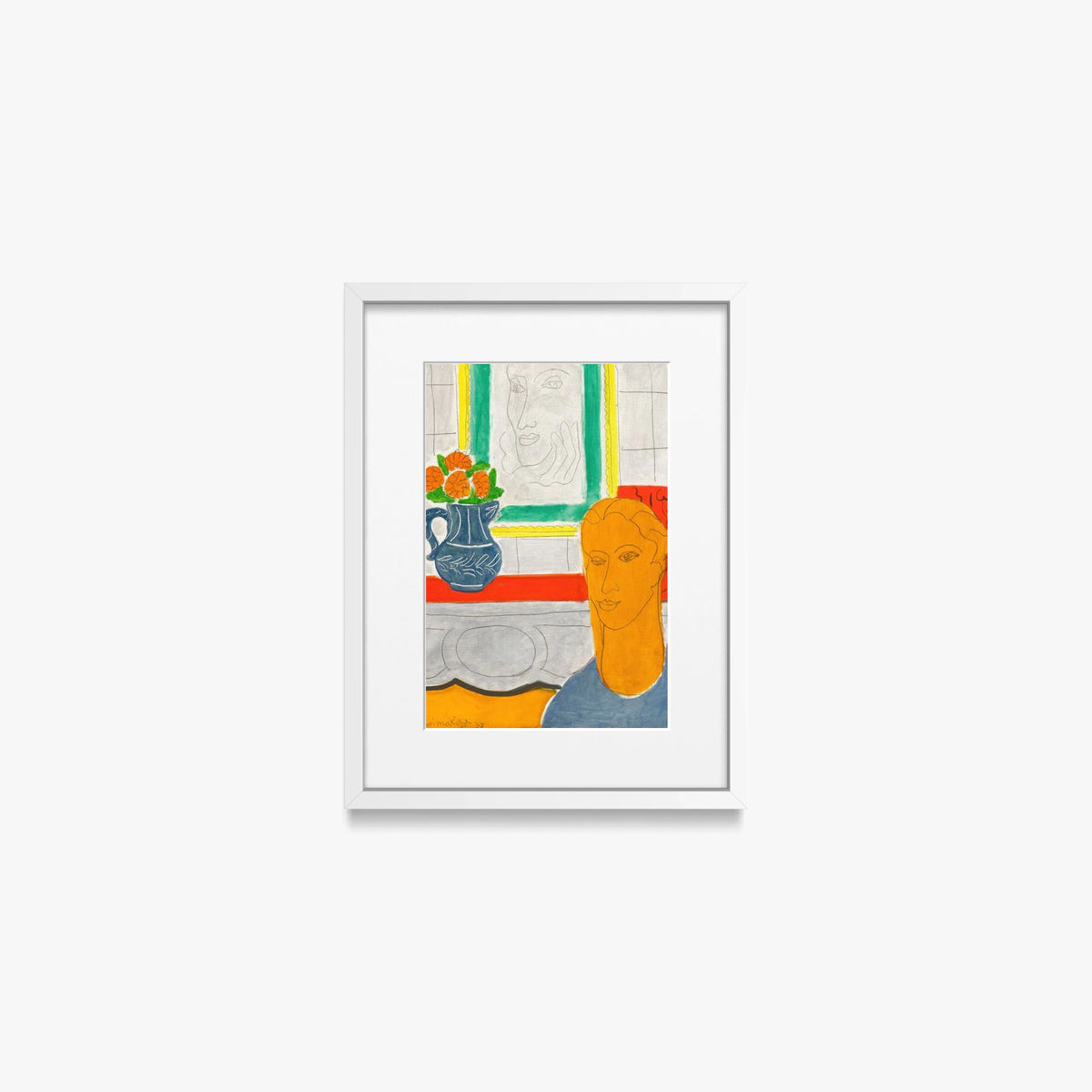 Figura e Mazzo di Fiori (Testa Ocra) - Henri Matisse, opera di Henri Matisse (Art Déco), stampa con passepartout e cornice bianca, 30x40cm