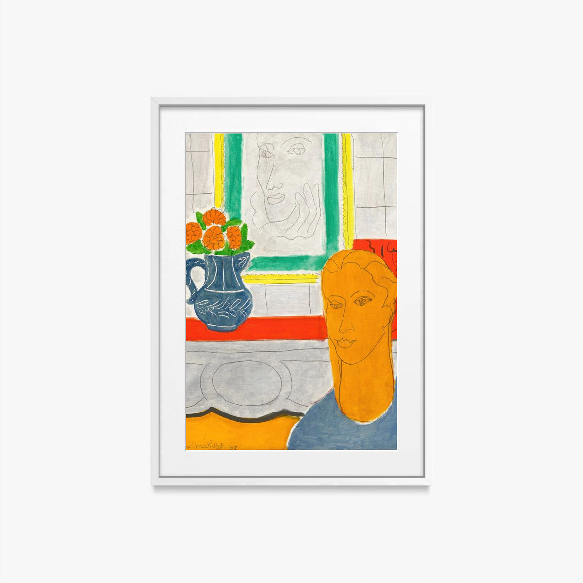 Figura e Mazzo di Fiori (Testa Ocra) - Henri Matisse, opera di Henri Matisse (Art Déco), stampa con passepartout e cornice bianca, 50x70cm