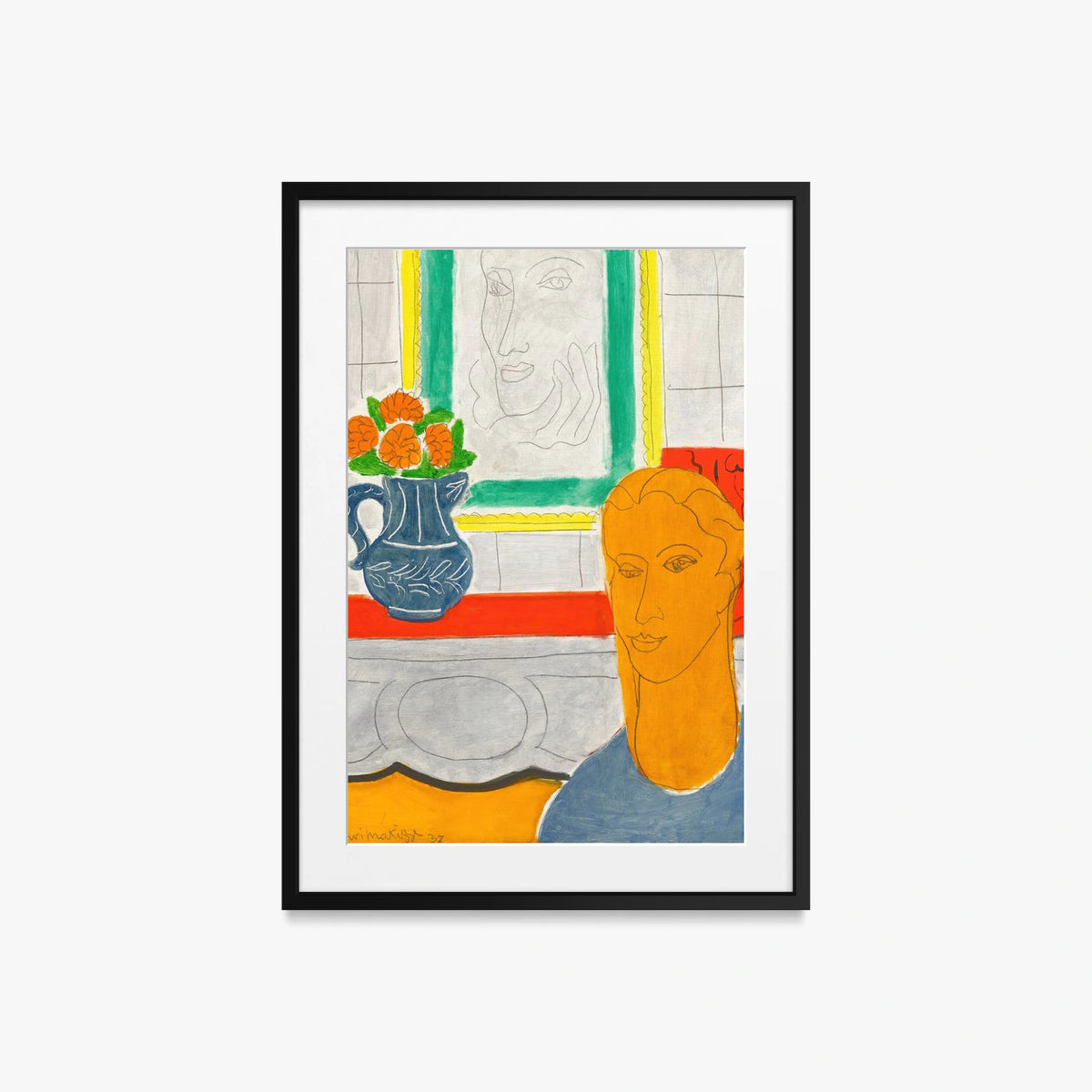 Figura e Mazzo di Fiori (Testa Ocra) - Henri Matisse, opera di Henri Matisse (Art Déco), stampa con passepartout e cornice nera, 50x70cm