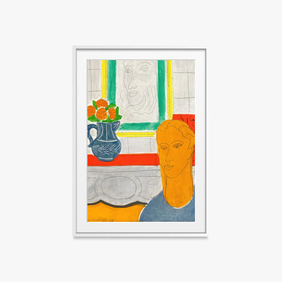 Figura e Mazzo di Fiori (Testa Ocra) - Henri Matisse, opera di Henri Matisse (Art Déco), stampa con passepartout e cornice bianca, 60x85cm