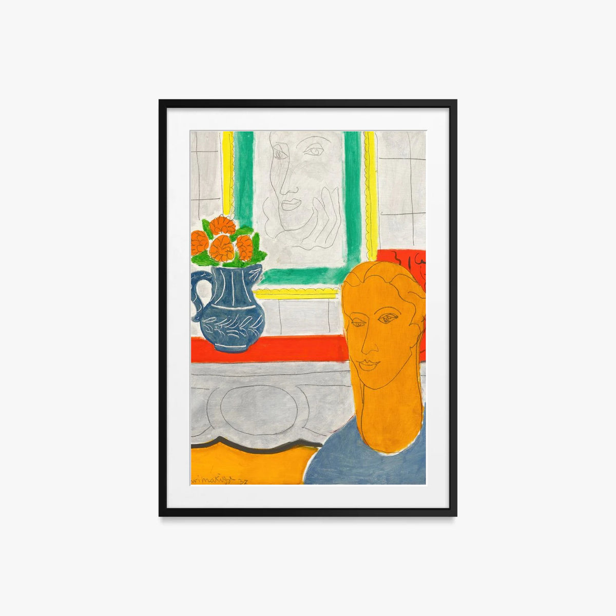 Figura e Mazzo di Fiori (Testa Ocra) - Henri Matisse, opera di Henri Matisse (Art Déco), stampa con passepartout e cornice nera, 60x85cm