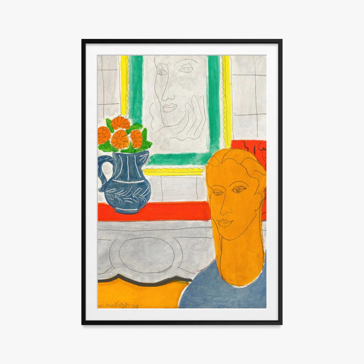 Figura e Mazzo di Fiori (Testa Ocra) - Henri Matisse, opera di Henri Matisse (Art Déco), stampa con passepartout e cornice nera, 80x115cm