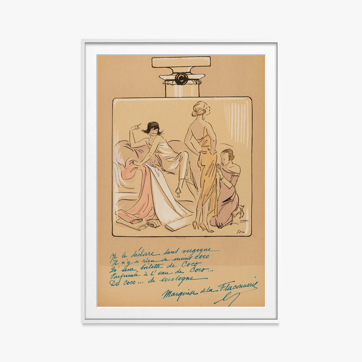 Flacone di Profumo, Coco Chanel - Sem, opera di Sem (Georges Goursat) (Illustrazione), stampa con passepartout e cornice bianca, 80x115cm