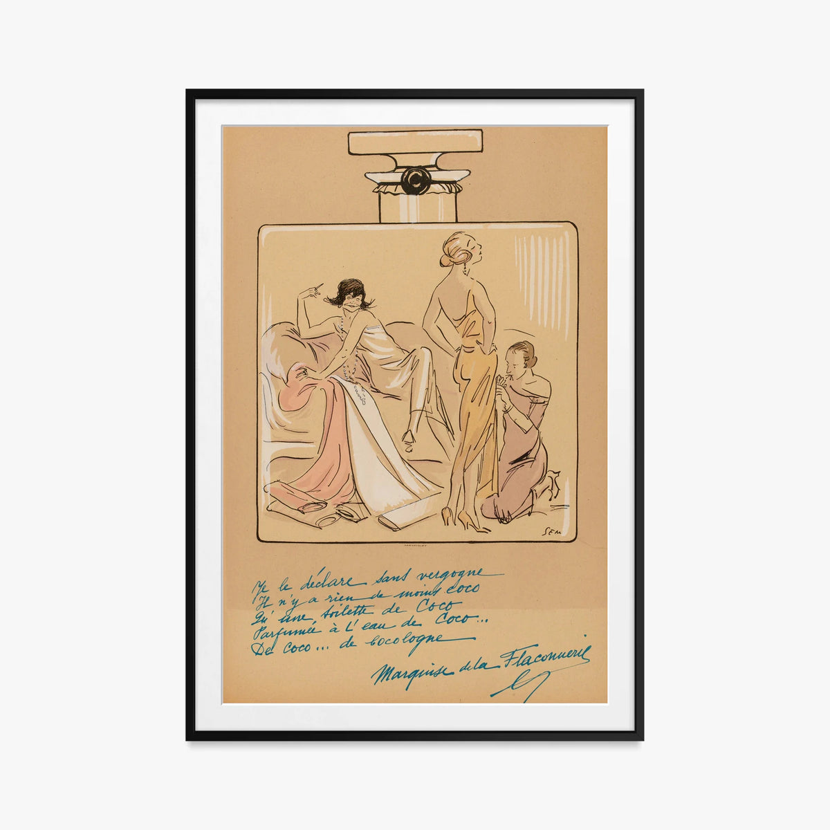 Flacone di Profumo, Coco Chanel - Sem, opera di Sem (Georges Goursat) (Illustrazione), stampa con passepartout e cornice nera, 80x115cm