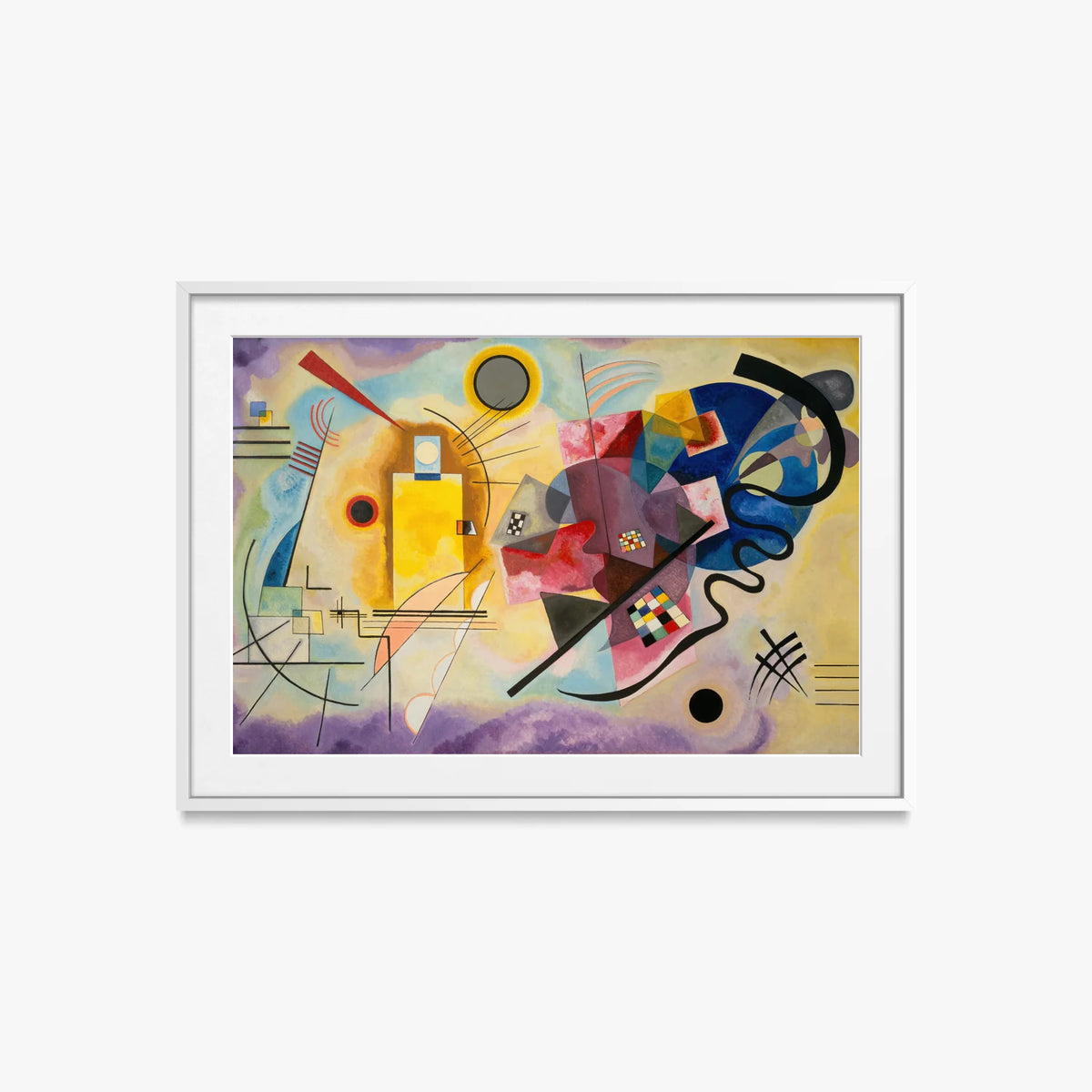 Giallo-Rosso-Blu - Wassily Kandinsky, opera di Wassily Kandinsky (Astrattismo), stampa con passepartout e cornice bianca, 85x60cm