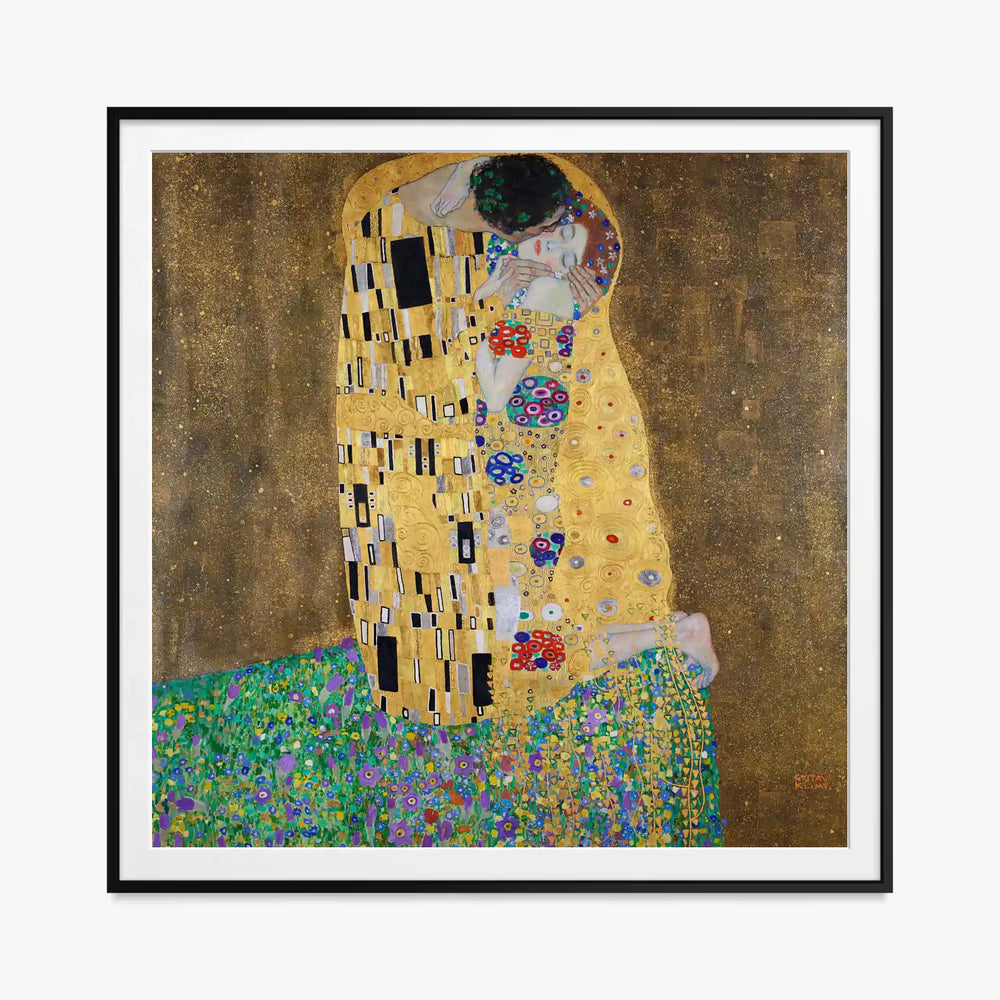 Il Bacio - Gustav Klimt, opera di Gustav Klimt (Secessione Viennese), stampa con passepartout e cornice nera, 80x80cm