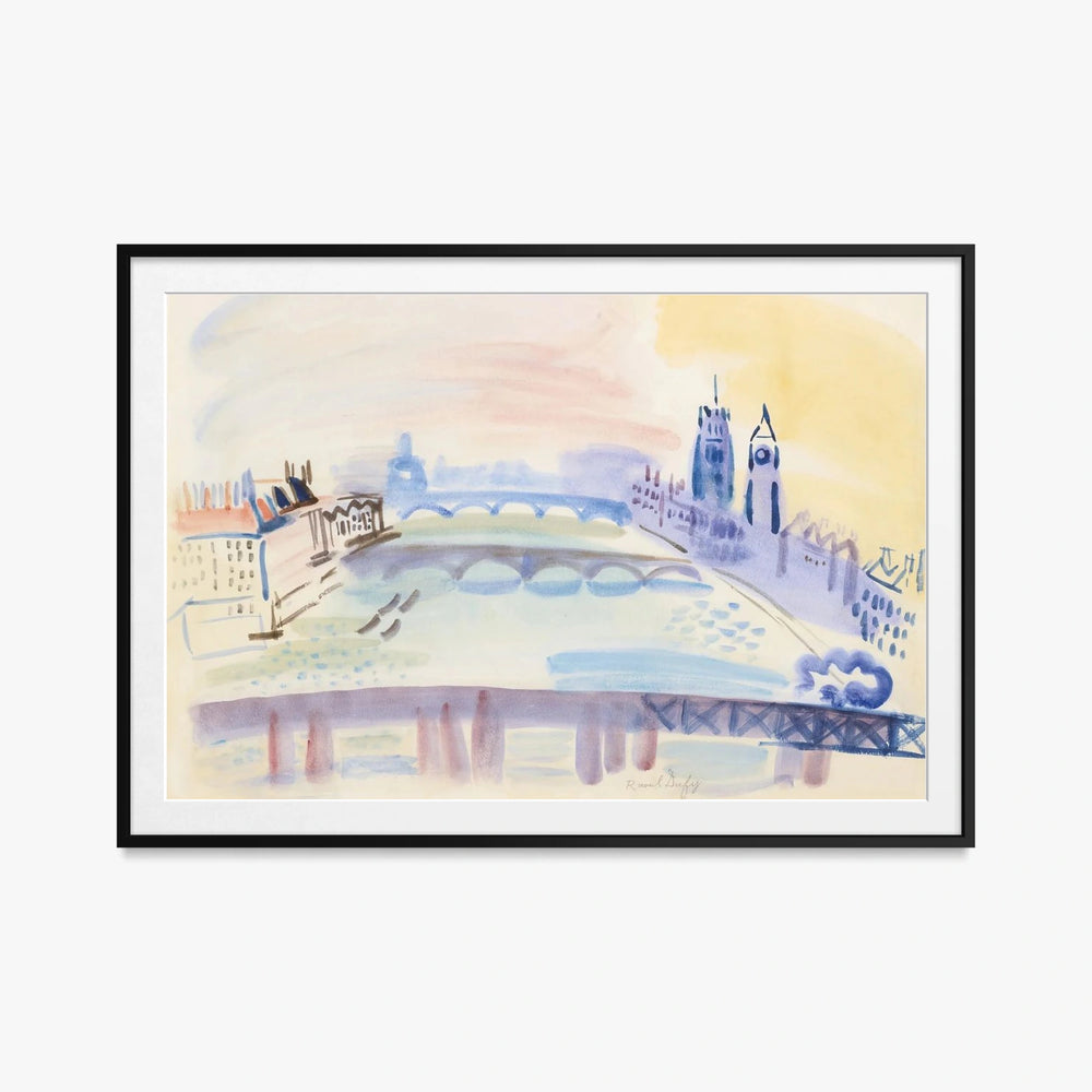 Il Tamigi, Londra - Raoul Dufy, opera di Raoul Dufy (Art Déco), stampa con passepartout e cornice nera, 115x80cm