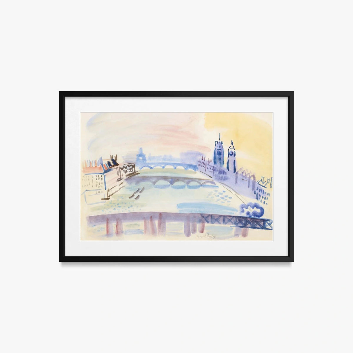 Il Tamigi, Londra - Raoul Dufy, opera di Raoul Dufy (Art Déco), stampa con passepartout e cornice nera, 70x50cm