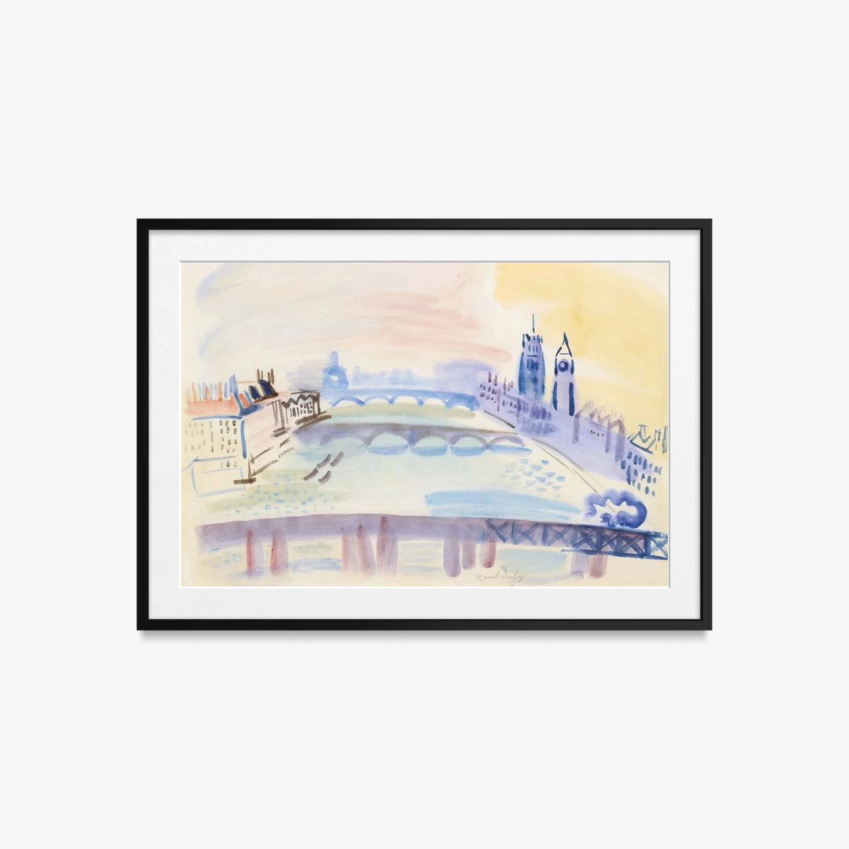 Il Tamigi, Londra - Raoul Dufy, opera di Raoul Dufy (Art Déco), stampa con passepartout e cornice nera, 85x60cm