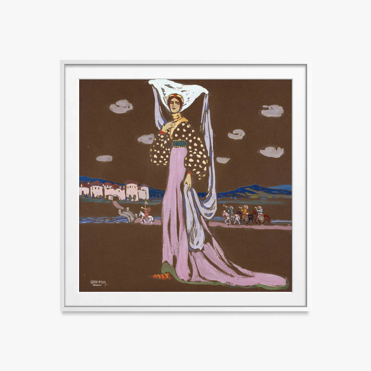 La Notte (Dama a Passeggio) - Wassily Kandinsky, opera di Wassily Kandinsky (Espressionismo), stampa con passepartout e cornice bianca, 60x60cm