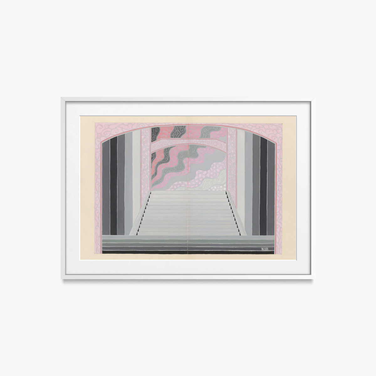 Les Ponts, Bozzetto di Scena - Zig, opera di Zig (Louis Gaudin) (Art Déco), stampa con passepartout e cornice bianca, 85x60cm