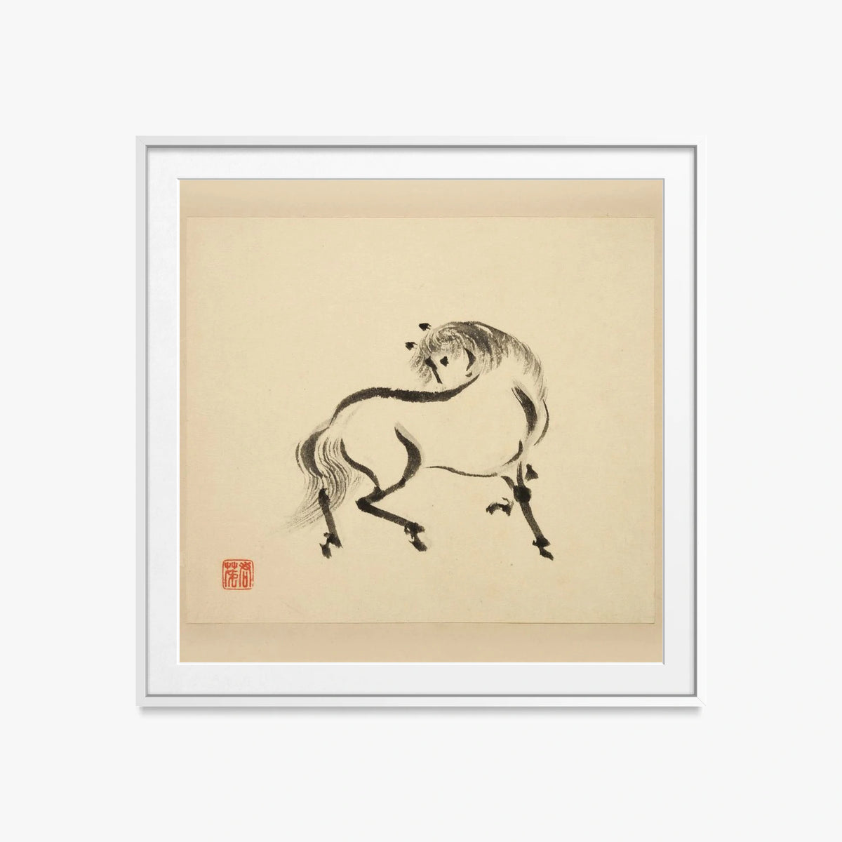 Libro Illustrato dei Cavalli, Tav. 2 - Tsurusawa Tansaku, opera di Tsurusawa Tansaku (Ukiyo-e), stampa con passepartout e cornice bianca, 60x60cm