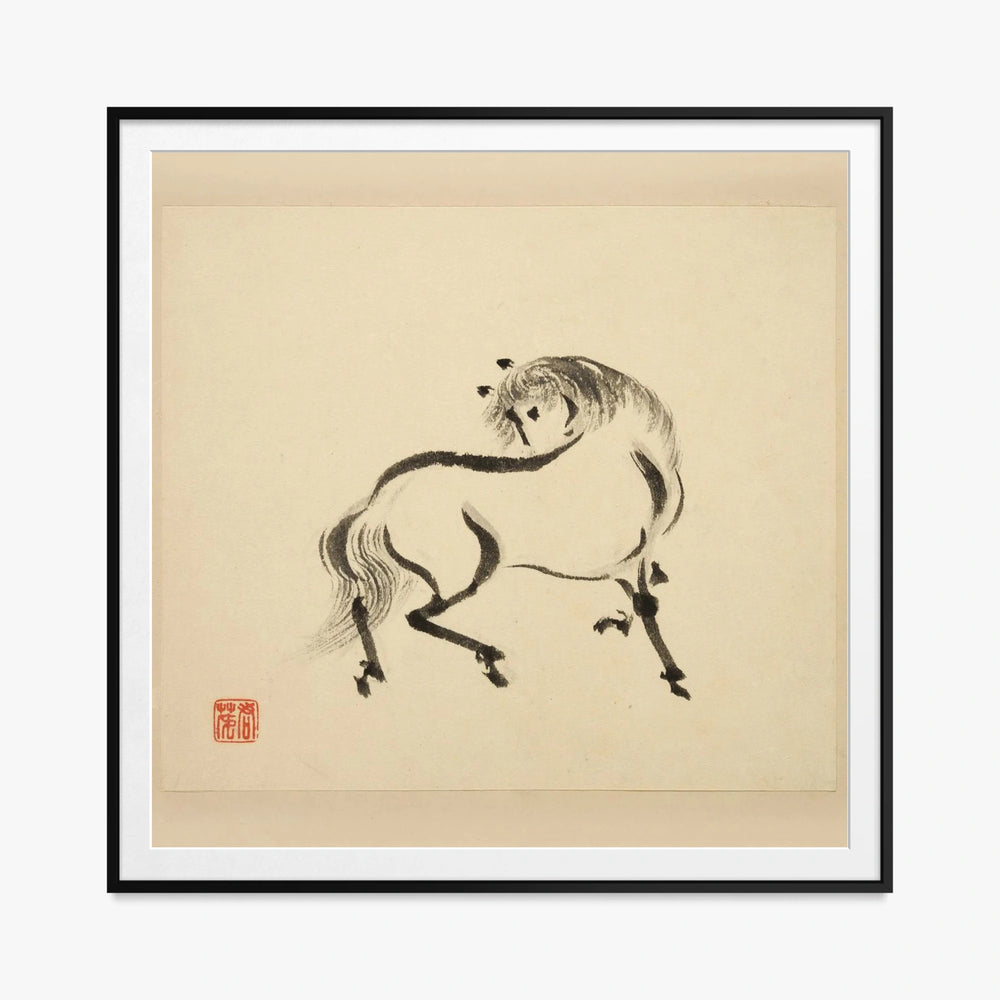 Libro Illustrato dei Cavalli, Tav. 2 - Tsurusawa Tansaku, opera di Tsurusawa Tansaku (Ukiyo-e), stampa con passepartout e cornice nera, 80x80cm