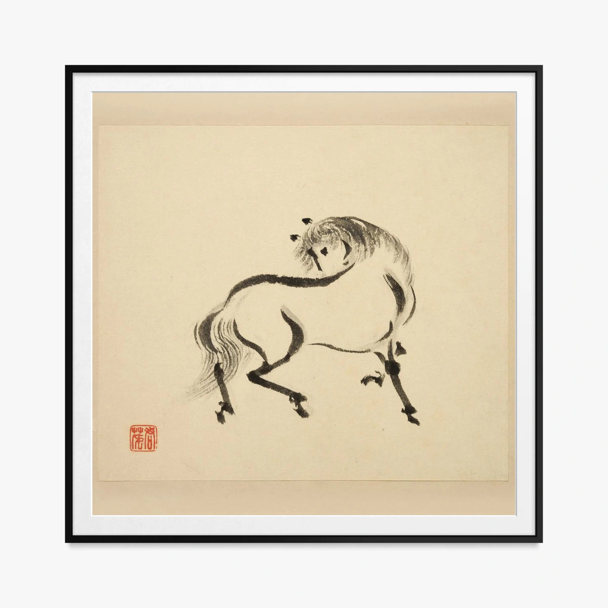 Libro Illustrato dei Cavalli, Tav. 2 - Tsurusawa Tansaku, opera di Tsurusawa Tansaku (Ukiyo-e), stampa con passepartout e cornice nera, 80x80cm