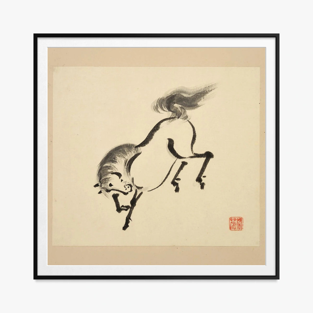 Libro Illustrato dei Cavalli, Tav. 4 - Tsurusawa Tansaku, opera di Tsurusawa Tansaku (Ukiyo-e), stampa con passepartout e cornice nera, 80x80cm