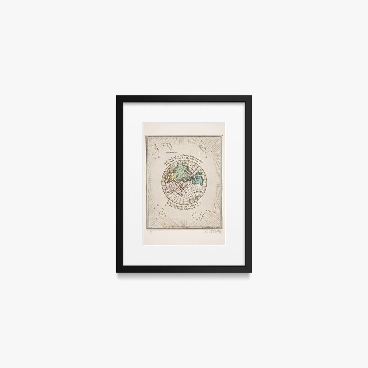 Mappa del Mondo con Poesie - Oluf Olufsen Bagge, opera di Oluf Olufsen Bagge (Illustrazione), stampa con passepartout e cornice nera, 30x40cm