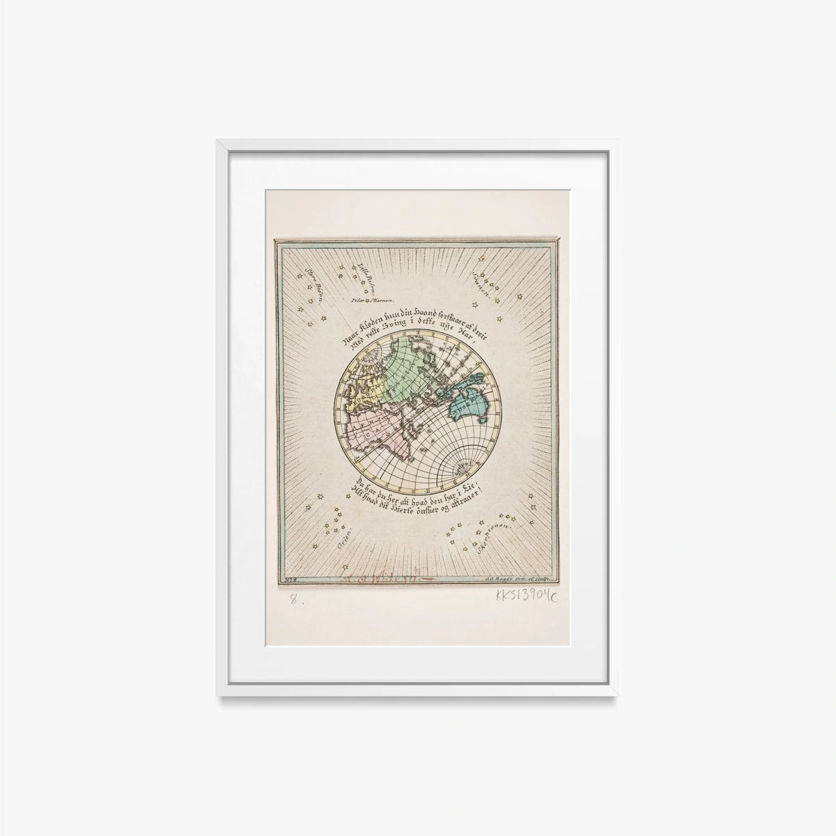 Mappa del Mondo con Poesie - Oluf Olufsen Bagge, opera di Oluf Olufsen Bagge (Illustrazione), stampa con passepartout e cornice bianca, 50x70cm