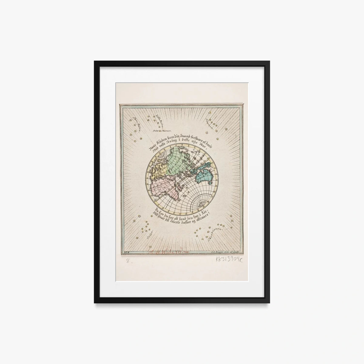 Mappa del Mondo con Poesie - Oluf Olufsen Bagge, opera di Oluf Olufsen Bagge (Illustrazione), stampa con passepartout e cornice nera, 50x70cm