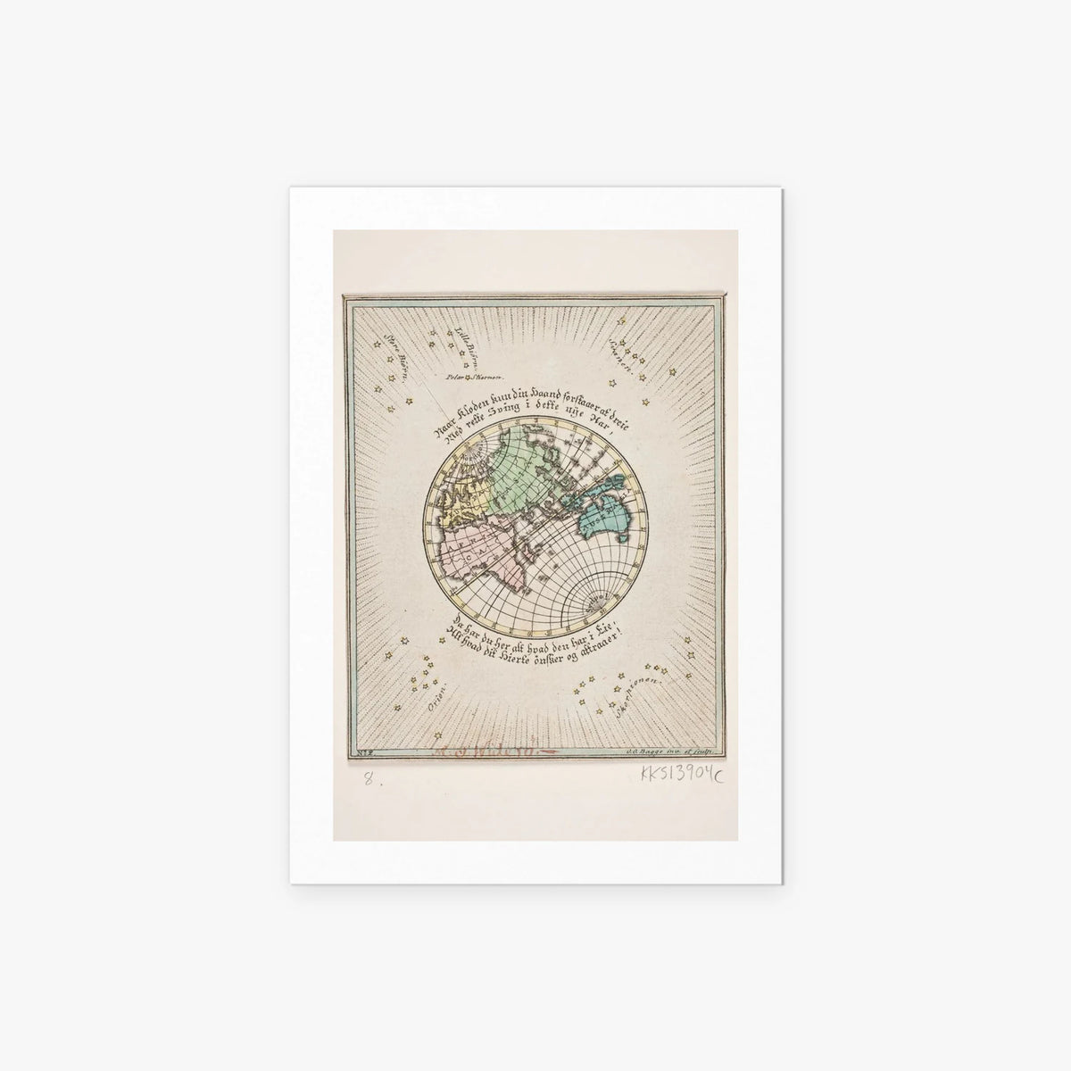 Mappa del Mondo con Poesie - Oluf Olufsen Bagge, opera di Oluf Olufsen Bagge (Illustrazione), stampa artistica su carta, 60x85cm